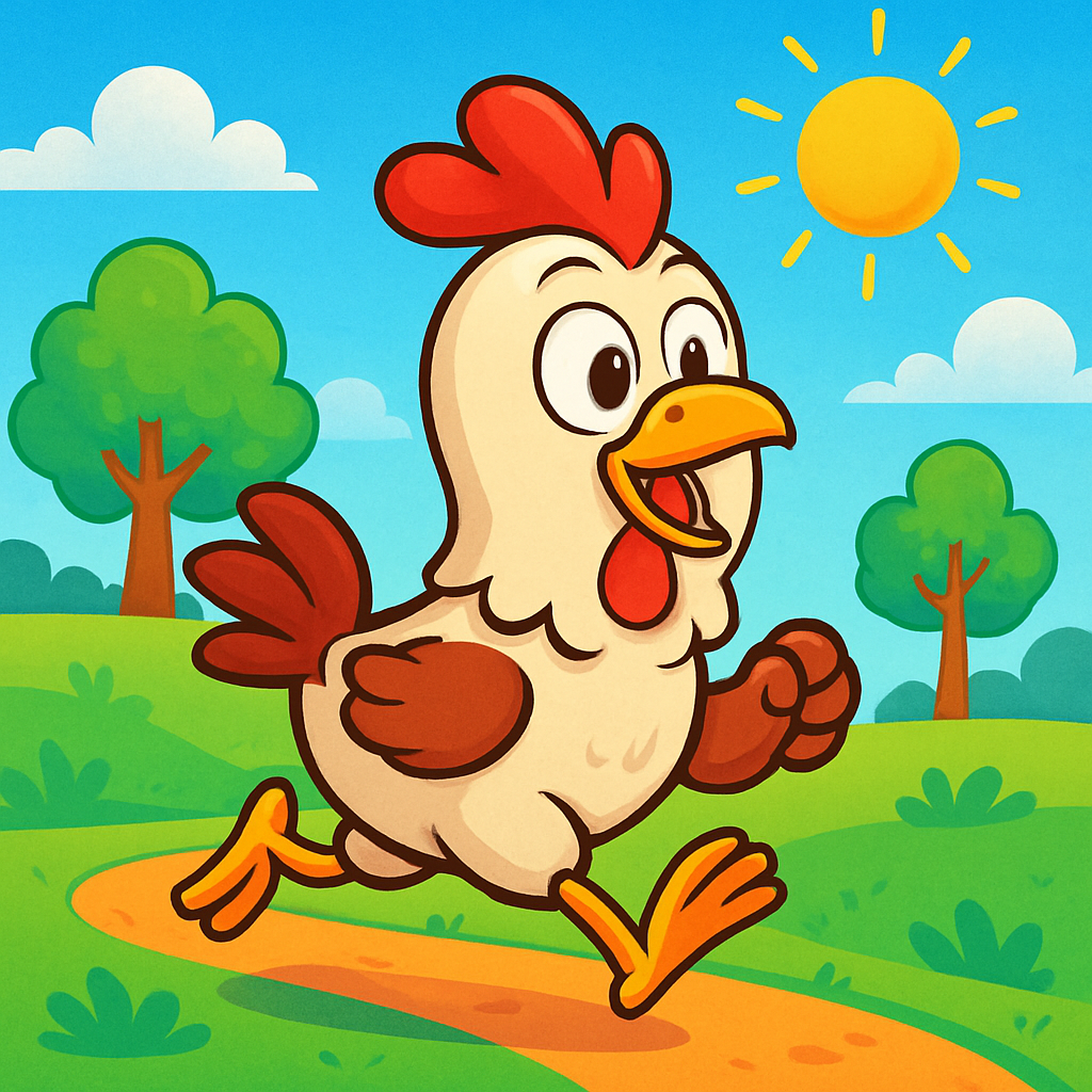 A cartoon chicken running in a colorful landscape